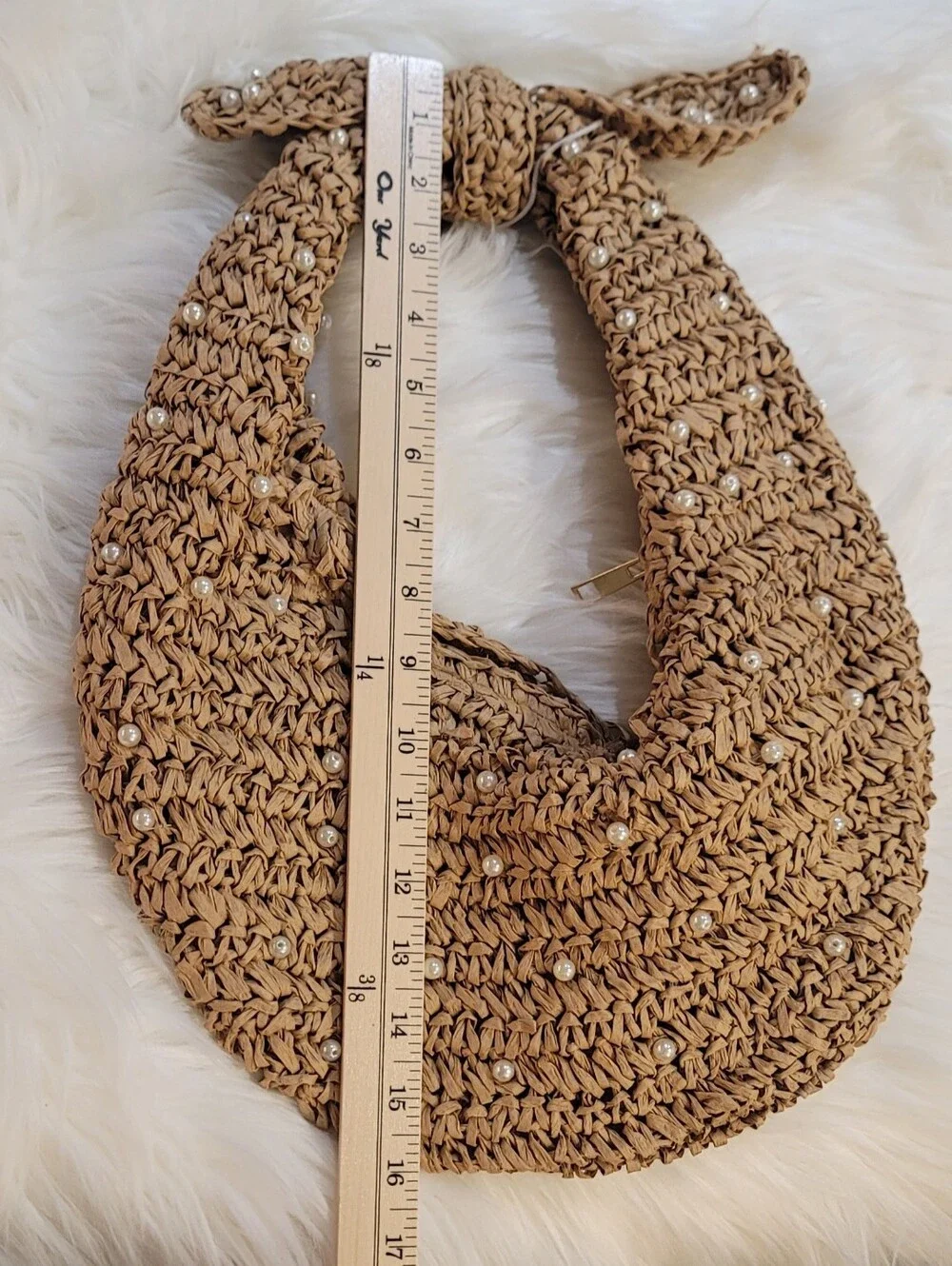 Haute Hippie Hand Bag Faux Pearls Natural Beige Straw Crescent Hobo Boho Coastal
